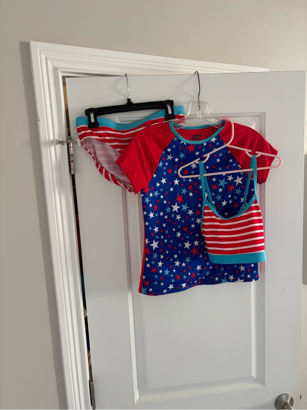 Lands' End Red White & Blue Striped Set- Rashguard with Turquoise Trim